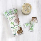 Aiya’s Sweetened Hojicha To Go product box with sticks and drink