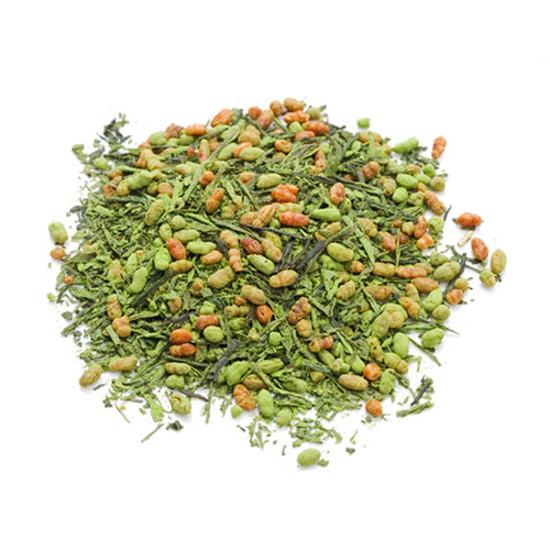 Japanese Genmaicha, tea leaves infused with Matcha, in a mound, sold in 500 gram bag