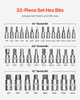 Hex Bit Socket Set 32-Piece S2 Alloy Steel Cr-V Steel Standard SAE and Metric