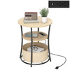 HOMCOM Round Side Table with Charging Station, 3-Tier End Table with Fabric Storage Bag and Shelf, Natural Wood