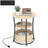 HOMCOM Round Side Table with Charging Station, 3-Tier End Table with Fabric Storage Bag and Shelf, Natural Wood