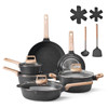 17 Piece Pots and Pans Set Granite Nonstick Kitchen Cookware Induction Black