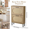 Rattan Shoe Cabinet with 2 Flip Doors, Narrow Freestanding Shoe Organizer, Modern Narrow Shoe Storage Cabinet with Metal Legs for Entryway, Hallway, Closet (Natural)
