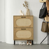 Rattan Shoe Cabinet with 2 Flip Doors, Narrow Freestanding Shoe Organizer, Modern Narrow Shoe Storage Cabinet with Metal Legs for Entryway, Hallway, Closet (Natural)