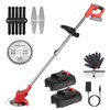 Electric Cordless Grass Trimmer Rechargeable Lawn Mower Weed Cutter with 2 Alloy Saw Blades 2 Alloy Blades 10 Plastic Blades 2 Rechargeable Batteries Goggles Gloves Auxiliary Handle
