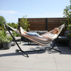 Double Hammock with Spreader Bar & Heavy-Duty 9ft Steel Wheel Stand, Brazilian Hammock Set, Portable Hammock with Stand for Outside, Backyard, Camping, Includes Carry Bag, Black & Coffee Strip
