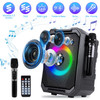 Portable Wireless Party Speaker with LED Light 2 Wireless Mics Remote Control TWS Music Accompany Mic. Priority Bass Echo Mic Treble Guitar In