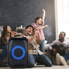 Portable Wireless Party Speaker with LED Light 2 Wireless Mics Remote Control TWS Music Accompany Mic. Priority Bass Echo Mic Treble Guitar In