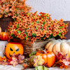 Artificial autumn flowers, outdoor fake chrysanthemums, fake plants, UV resistant and colorfast, simulated plastic greenery for gardens, porches, terraces, and autumn home decoration (red-orange 16).