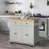 Rolling Kitchen Island with Rubber Wood Top, Spice/Towel Rack, Storage Drawers, Mobile Cart for Dining Room, Gray