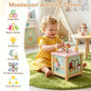 Wooden Activity Cube for Toddlers, Multi-Side Play Center with Pretend Kitchen & Storage Compartment, Montessori Educational Toy for 18+ Months