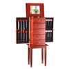Jewelry Cabinet Armoire, Standing Wood Jewelry Storage Chest with 4 Spacious Drawers, Flip Top Mirror, 4 Top Storage Compartments, Zinc Alloy Handles, 2 Side Doors with 16 Necklace Hooks