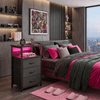 Nightstand with Charging Station, 3 Fabric Drawers, LED Light & Open Shelf, Modern End Table with AC Outlets & USB Ports, Bedside Table for Bedroom, Black