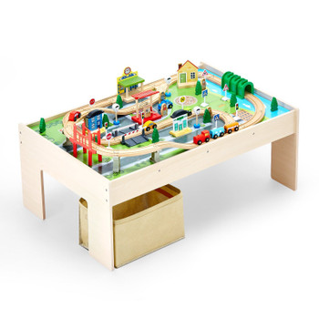 Train Table 84 Pieces Wooden Kids Activity Table with Collapsible Storage Bin