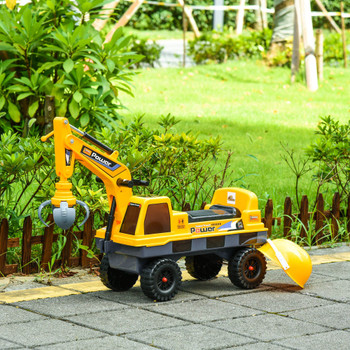 Qaba Multi-functional Construction Ride-On Excavator Digger Toy, Bulldozer with Storage, Light, Music, Yellow