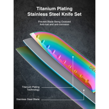 16 Pieces Rainbow Titanium Coating Cutlery Set No Rust Knife Block with Serrated Steak Knives