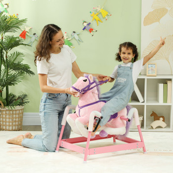Qaba Spring Rocking Horse, Kids Ride on Horse, Plush Horse Ride-on w/ Sounds & Foot Stirrups for Kids 3-8 Years, Pink