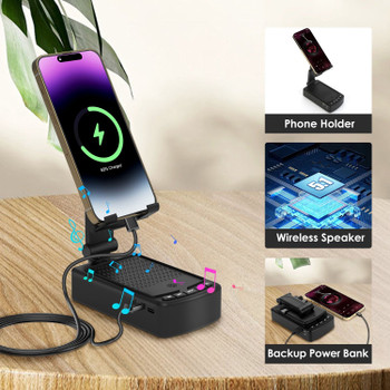 1Pc Cell Phone Stand with HD Surround Wireless Speaker Power Bank Portable Foldable Charging Phone Stand with Anti-Slip Base Compatible with Phone Tablet For Home Office Outdoor