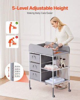 Baby Changing Table Portable Diaper Change Station with 3 Drawers & Wheels