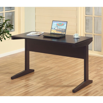 Home office desk with modesty panel and detached file cabinet on locking wheels with two drawers file drawer cubby shelf metal bar handle Red Cocoa color