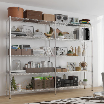 5 Tier Double Row Metal Display Shelf with Adjustable Feet Chrome Plated Iron Storage Rack Adjustable Height 147×35×180cm Freestanding Organizer for Home Kitchen Office Garage