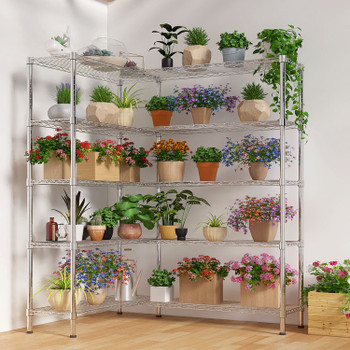 5 Tier Double Row Metal Display Shelf with Adjustable Feet Chrome Plated Iron Storage Rack Adjustable Height 147×35×180cm Freestanding Organizer for Home Kitchen Office Garage