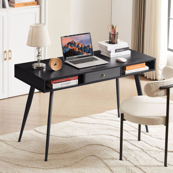 Mid Century Desk with USB Ports and Power Outlet, Modern Writing Study Desk with Drawers, Multifunctional Home Office Computer Desk Black