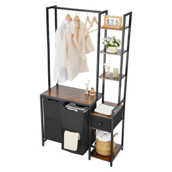VEVOR 3 Tiers Laundry Sorter with Rack, Tall Laundry Hamper with Shelves and Drawers, 2 Section Freestanding Hanging Rack Storage with 600D Oxford Cloth Bags and Ladder Shelves for Dirty Clothes