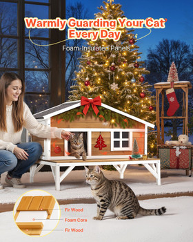 Insulated Cat House, All-Around Foam Insulation Elevated Cat Shelter, Wooden Feral Kitty Shelter with Large Platform, Waterproof Cats Condos for Indoor & Outdoor Cats in Winter 43.5x33.5x31 in