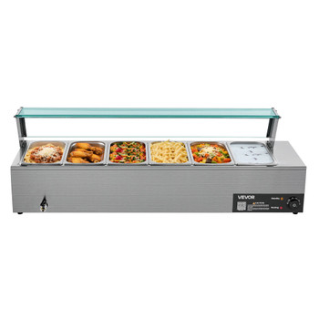 VEVOR Commercial Food Warmer, 1500W Electric Stainless Steel Steam Food Warmer with Glass Cover, 6 x 1/3 Size Pans Buffet Bain Marie with Soup & Perforated Ladles, for Catering, Restaurant & Party