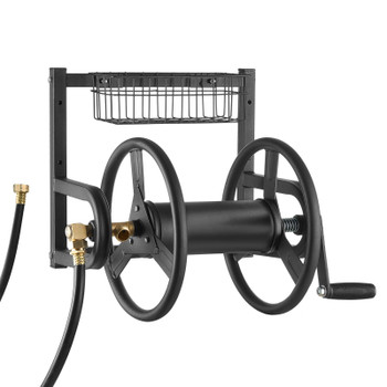 Wall Mounted Garden Hose Reel 125ft 5/8 in Hose Holder Brass Fitting & Basket
