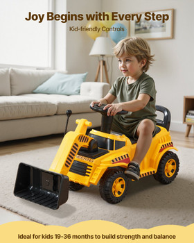 Ride On Toddler Car, Ride on Excavator Car for Toddler 19 to 36 Months, Excavator Bulldozer Digger Toy with Under-seat Storage & Music, 55 lbs Load Capacity, Foot-to-Floor Walker for Kid, Yellow