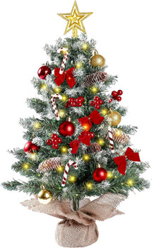 23.6'' Mini Snow Frosted Christmas Tree Table Top Lighted Artificial Xmas Tree Star Treetop Pine Cones Red Bows Balls Candy Canes Red Berries Hanging Ornaments DIY Holiday Indoor Decorations