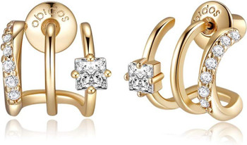 14K Gold Plated Triple Huggie Illusion Stud Earrings | Double Huggie Hoop Earrings for One Hole | Gold Hoop Earrings for Women | Drop earrings