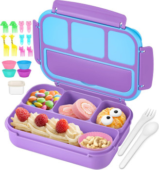 Bento Lunch Box for Kids Girls Boys, Toddler Kids Lunch Boxes for School, Lunch Containers for Adults with 4 Compartments, Sauce Container, Utensils, Food Picks and Muffin Cups, Purple