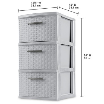 3 Drawer Weave Tower, Plastic Decor Drawers with Pull Handles, Gray