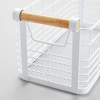 Rectangular Wire Natural Wood Handles Basket - White