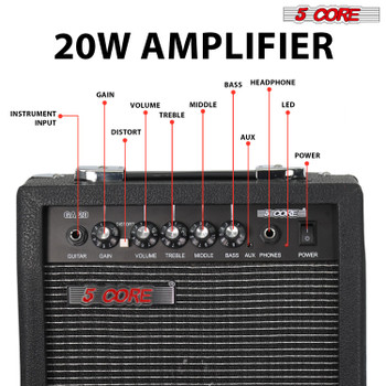 5 Core Guitar Amp 20W Electric Portable Mini Amplifier w Built in 6.5" Speaker Aux Headphone Jack