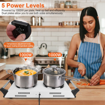 Portable Dual Burner Electric Stove - 2000W Power, 5 Temperature Levels, 5.5in Coils, Fast Even Cooking, Fits Flat Cookware, Ideal for Apartments/RVs, Easy Cleaning Design