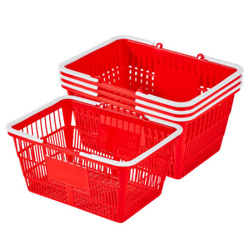 VEVOR Shopping Baskets, 4 PCS, 21L Stackable PE Plastic Grocery Baskets with Handles, Dense Mesh Structure, Holds up to 20 lbs, Portable for Grocery, Retail, Stores, Supermarket, Home Use, Red