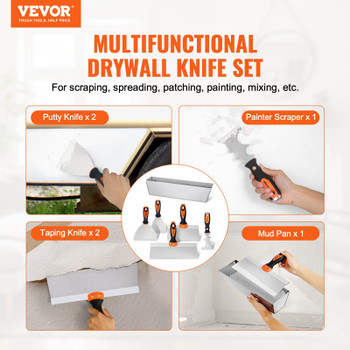 VEVOR Drywall Knife Set, 6 PCS Drywall Tools Includes 3" Painter Scraper, Two Putty Knives, Two Taping Knives and 12" Mud Pan, Stainless Steel Spackle Tool, Drywall Finishing Tools for Home