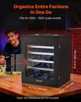 VEVOR Miniatures Storage Case, Fits for 1:1000-1:1500 Scale Models, Wooden Miniatures Display Holder with 5 Tray & 11 Slots, Clear View Miniature Transport Case for Collectibles (Minis Not Included)