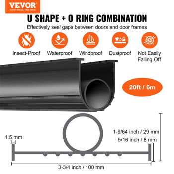 VEVOR Garage Door Seals Bottom Rubber, U Shape +O Ring Garage Door Weather Stripping, Universal Weatherproof Threshold Buffering Sealing Rubber , 5/16 inch T-ends and 3 3/4 inch Width (20 Ft, Black)