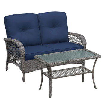 2 Piece Outdoor Wicker Patio Furniture Set, 2-Seater Rattan Loveseat with Tempered Glass Coffee Table, Water-Resistant Navy Blue Cushions, All-Weather Conversation Set for Porch, Backyard, Poolside, B