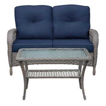 2 Piece Outdoor Wicker Patio Furniture Set, 2-Seater Rattan Loveseat with Tempered Glass Coffee Table, Water-Resistant Navy Blue Cushions, All-Weather Conversation Set for Porch, Backyard, Poolside, B