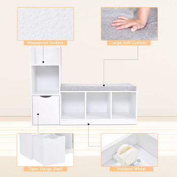 Entryway Shoe Storage Bench with Cushion, White Shoe Rack with Shelves & Drawer, Multifunctional Shoe Cabinet with Padded Seat for Hallway, Living Room, Entryway