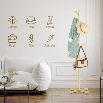 Modern Freestanding Metal Coat Rack with 8 Hooks - Adjustable Sturdy Clothes Rail for Coats, Bags, Hats, Multifunctional Space-Saving Design, Easy Tool-Free Assembly for Entryway, Bedroom, Living Room