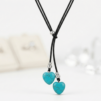 Boho Turquoise Double Layer Rope Necklace for Women Retro Heart Pendant Statement Jewelry Gift