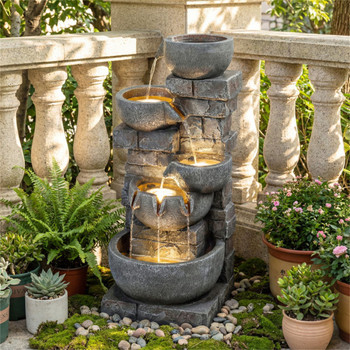 5-Tier Cascading Water Fountain with 24 LED Lights Gray Resin Outdoor Water Feature