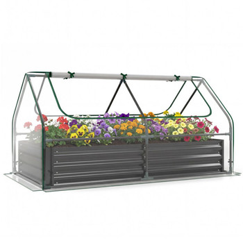 69 Inch 3-in-1 Mini Greenhouse with Raised Garden Bed Galvanized Steel Planter Box with Zippered Windows